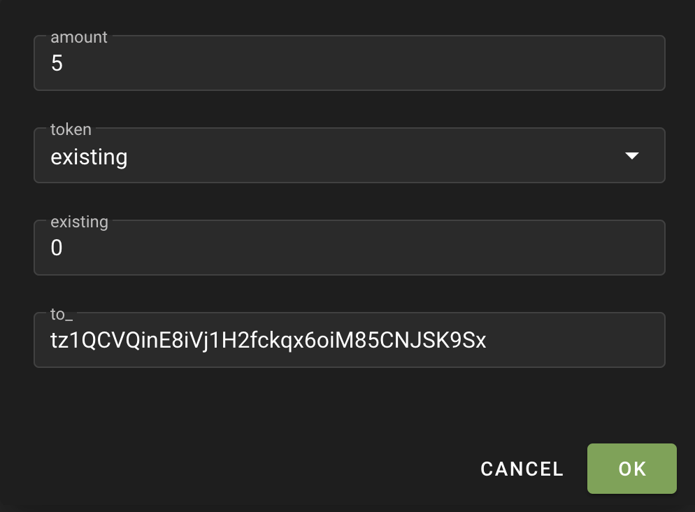 Specifying parameters for the mint transaction